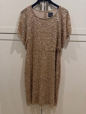 Adrianna Papell Gold Sequin Beaded Cocktail Dress 14 Art Deco Glam